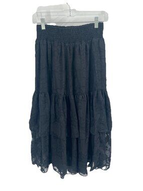 Senlis Black Lace Tiered Midi Skirt Textured Burnout Sheer Boho Romantic Goth S